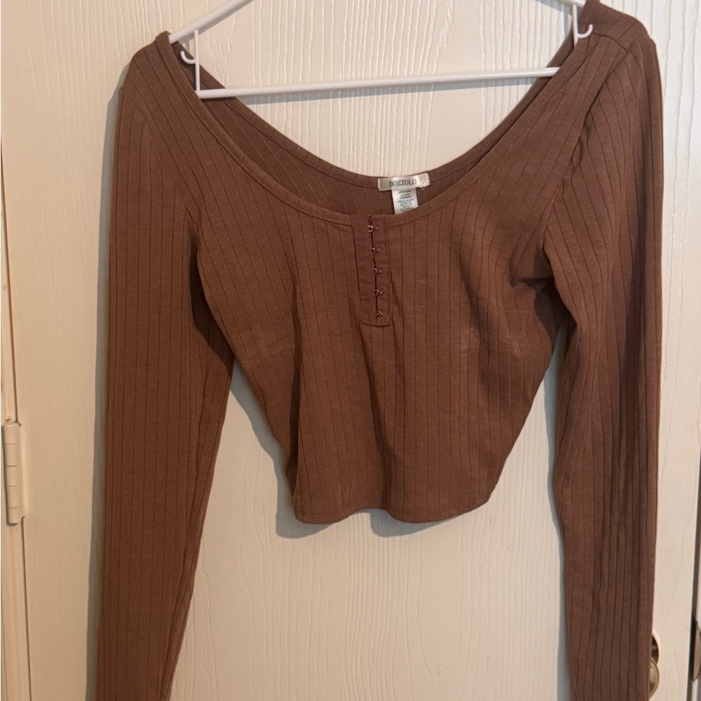 Bozzolo Brown Ribbed Crop Blouse